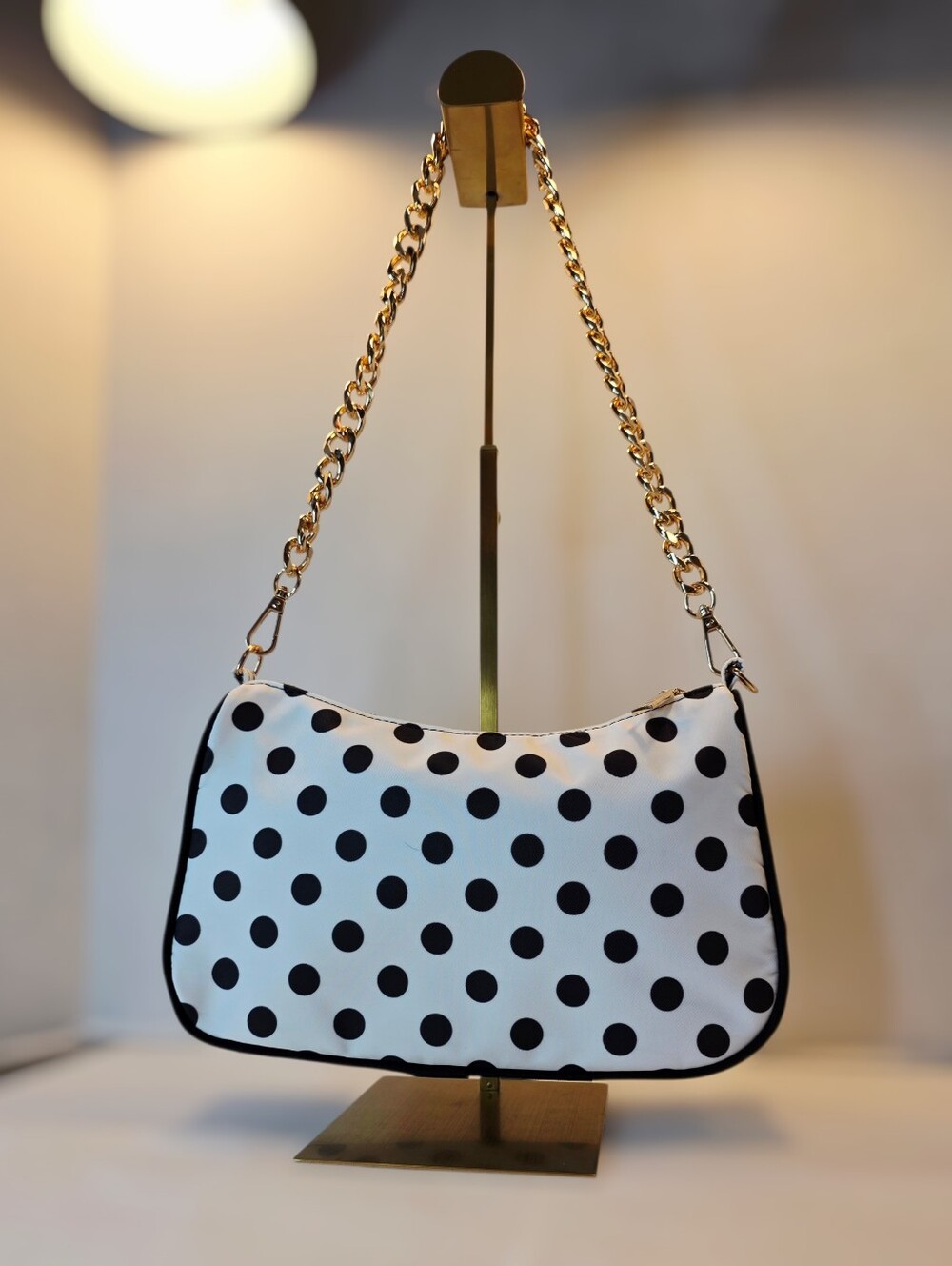 Nylon Polka Dot Shoulder Bag in White and Black with Gold Chain Carry Strap NWT